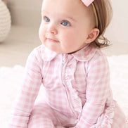 Peter Pan Collar Ruffle Zipper Footie | Rosy Gingham