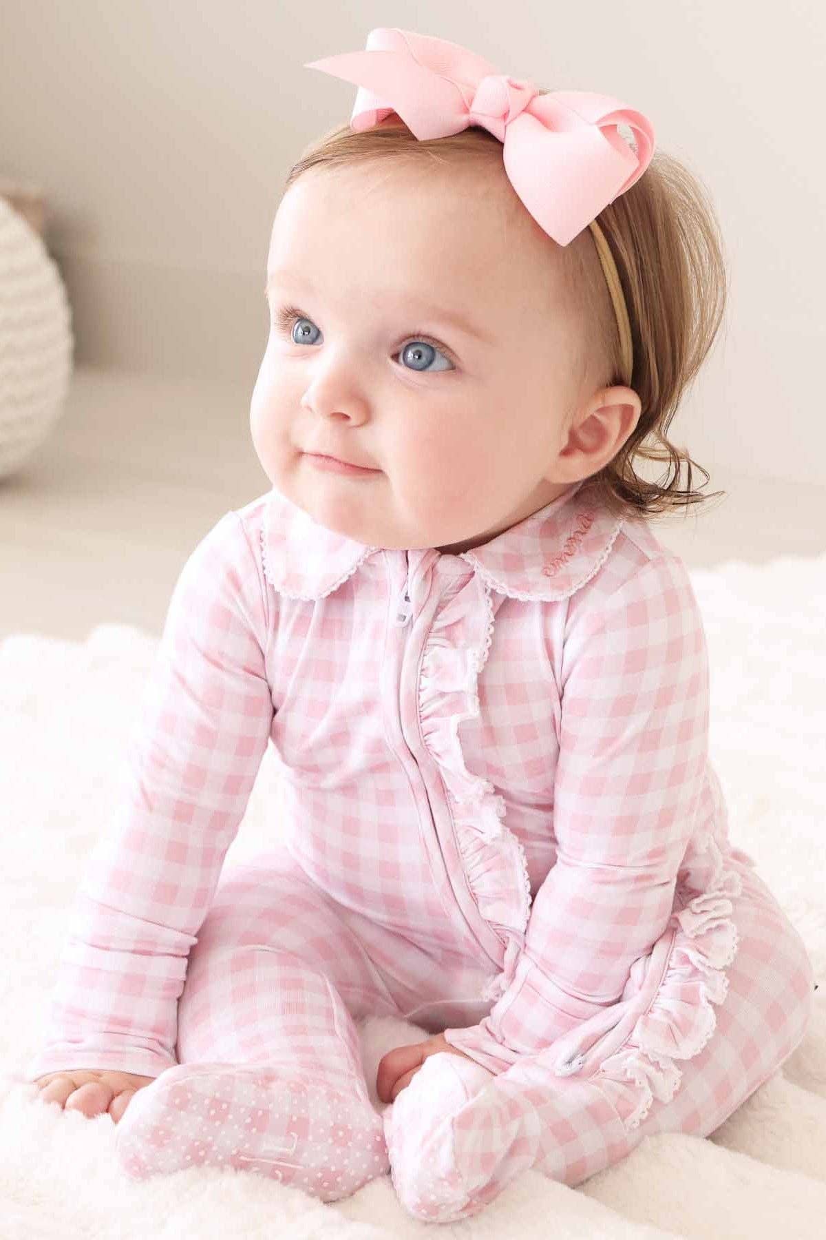 Peter Pan Collar Ruffle Zipper Footie | Rosy Gingham