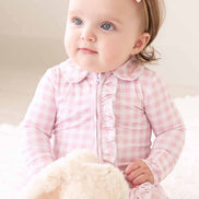 Peter Pan Collar Ruffle Zipper Footie | Rosy Gingham