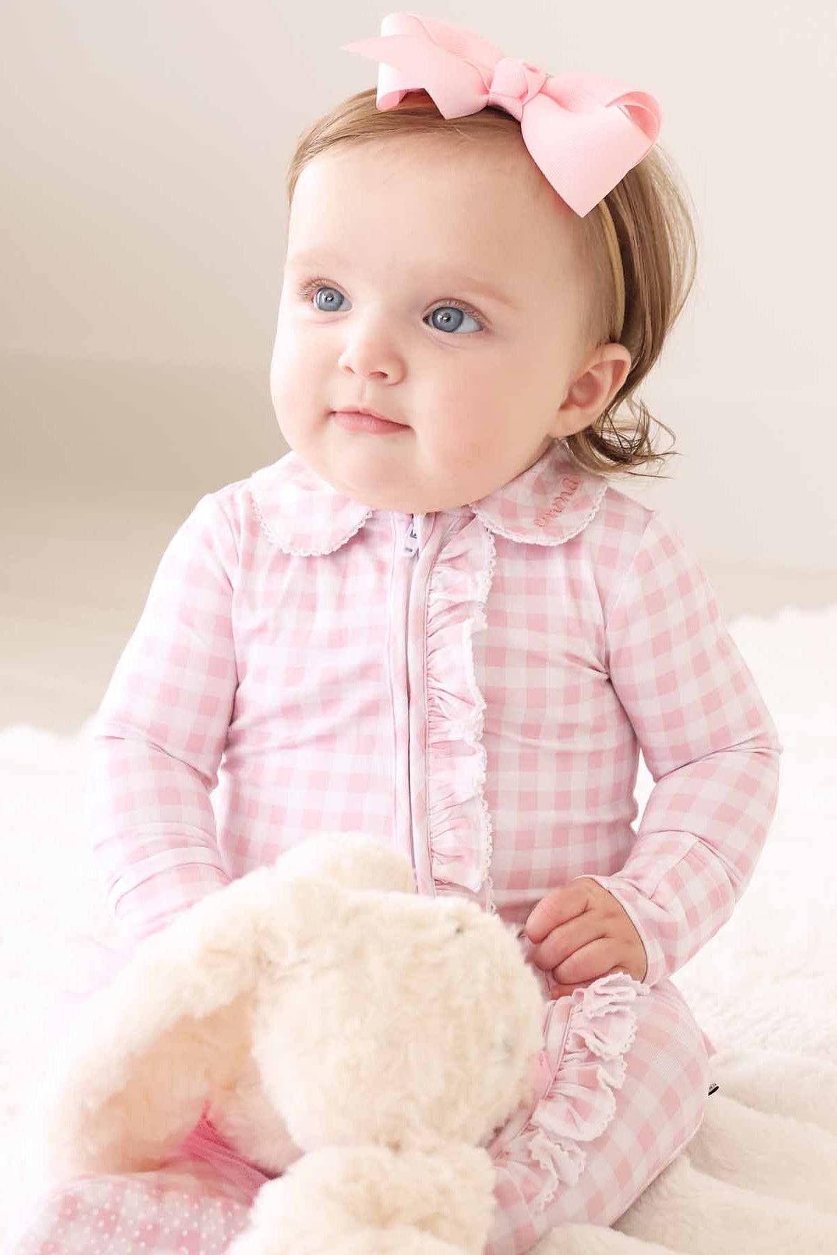 Peter Pan Collar Ruffle Zipper Footie | Rosy Gingham