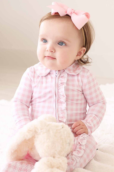 Peter Pan Collar Ruffle Zipper Footie | Rosy Gingham