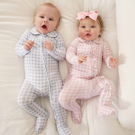 Peter Pan Collar Zipper Footie | Dusty Blue Gingham