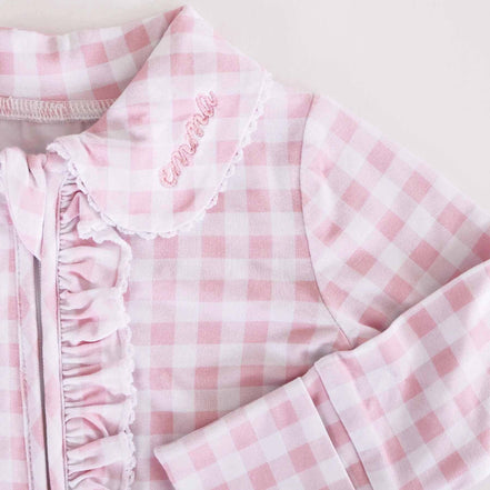 Peter Pan Collar Ruffle Zipper Footie | Rosy Gingham