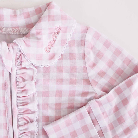 Peter Pan Collar Ruffle Zipper Footie | Rosy Gingham