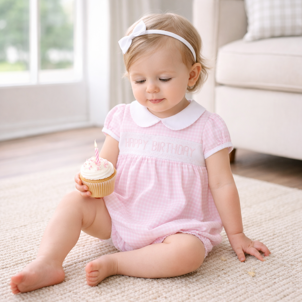 Birthday Classics Smocked Short Sleeve Bubble - Pink