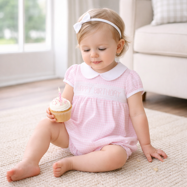 Birthday Classics Smocked Short Sleeve Bubble - Pink