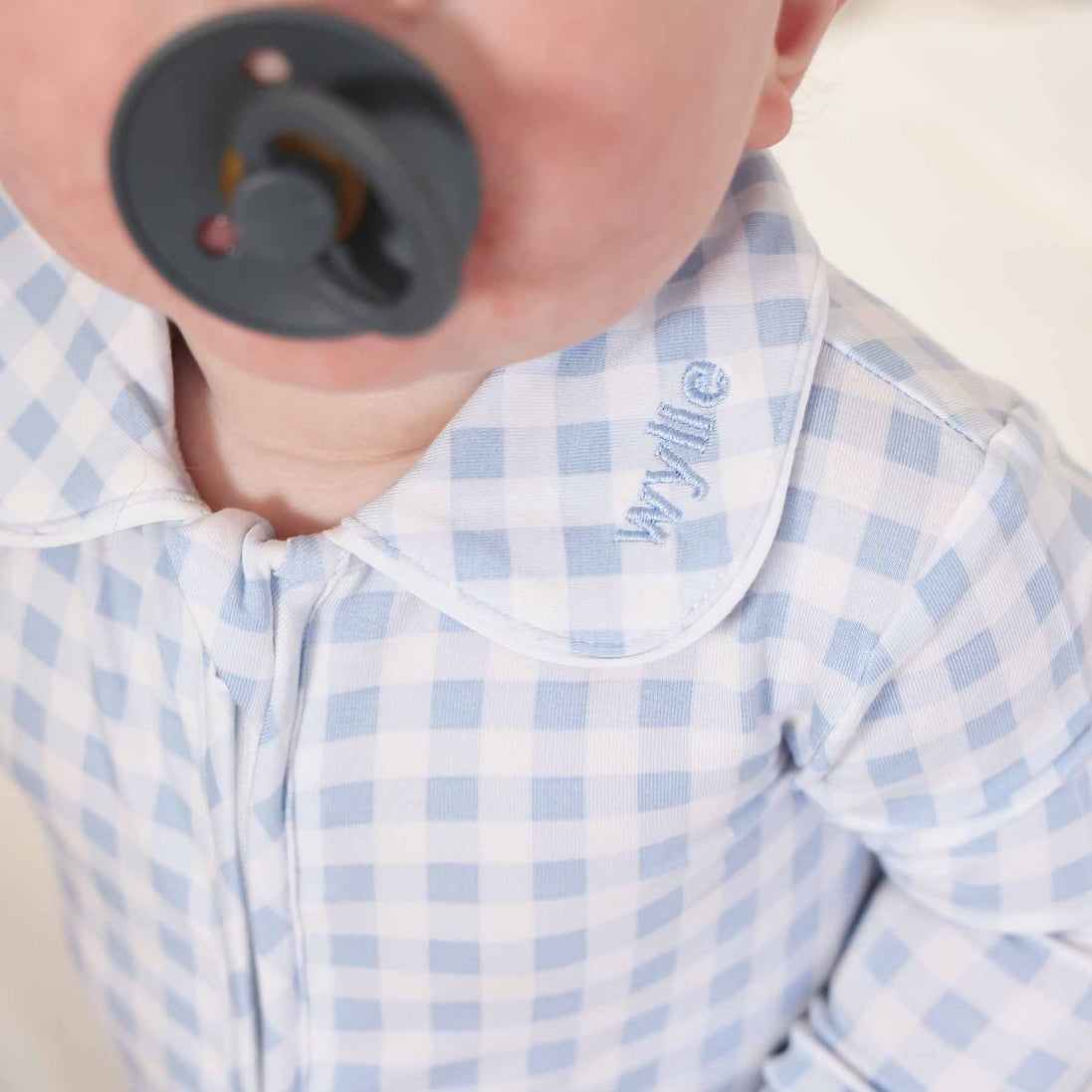 Peter Pan Collar Zipper Footie | Dusty Blue Gingham