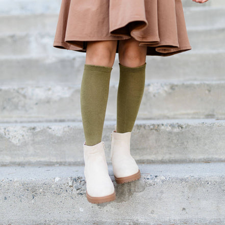 Scalloped Knee High Socks - Olive