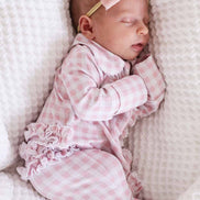 Peter Pan Collar Ruffle Zipper Footie | Rosy Gingham