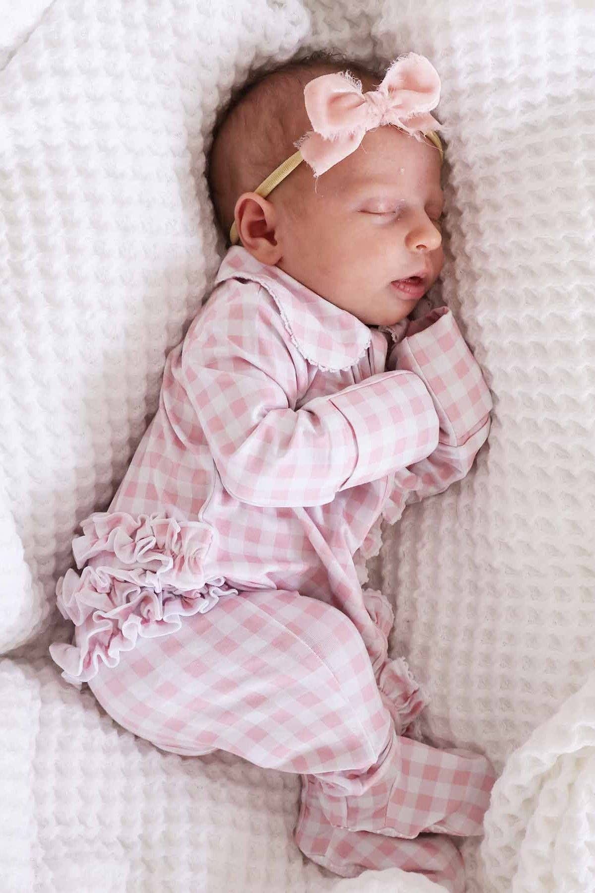 Peter Pan Collar Ruffle Zipper Footie | Rosy Gingham