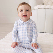 Peter Pan Collar Zipper Footie | Dusty Blue Gingham