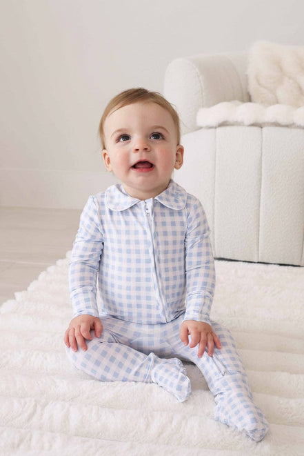 Peter Pan Collar Zipper Footie | Dusty Blue Gingham