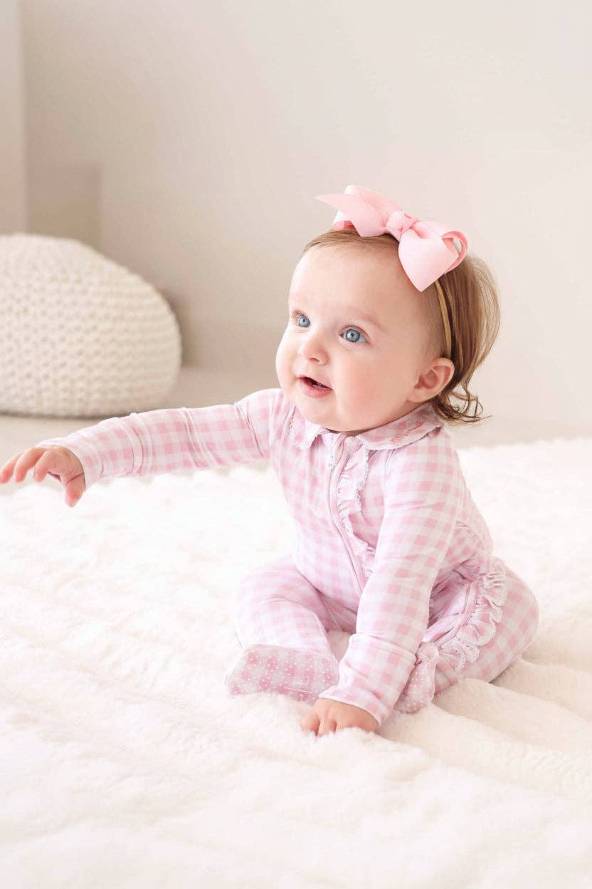 Peter Pan Collar Ruffle Zipper Footie | Rosy Gingham