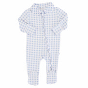 Peter Pan Collar Zipper Footie | Dusty Blue Gingham