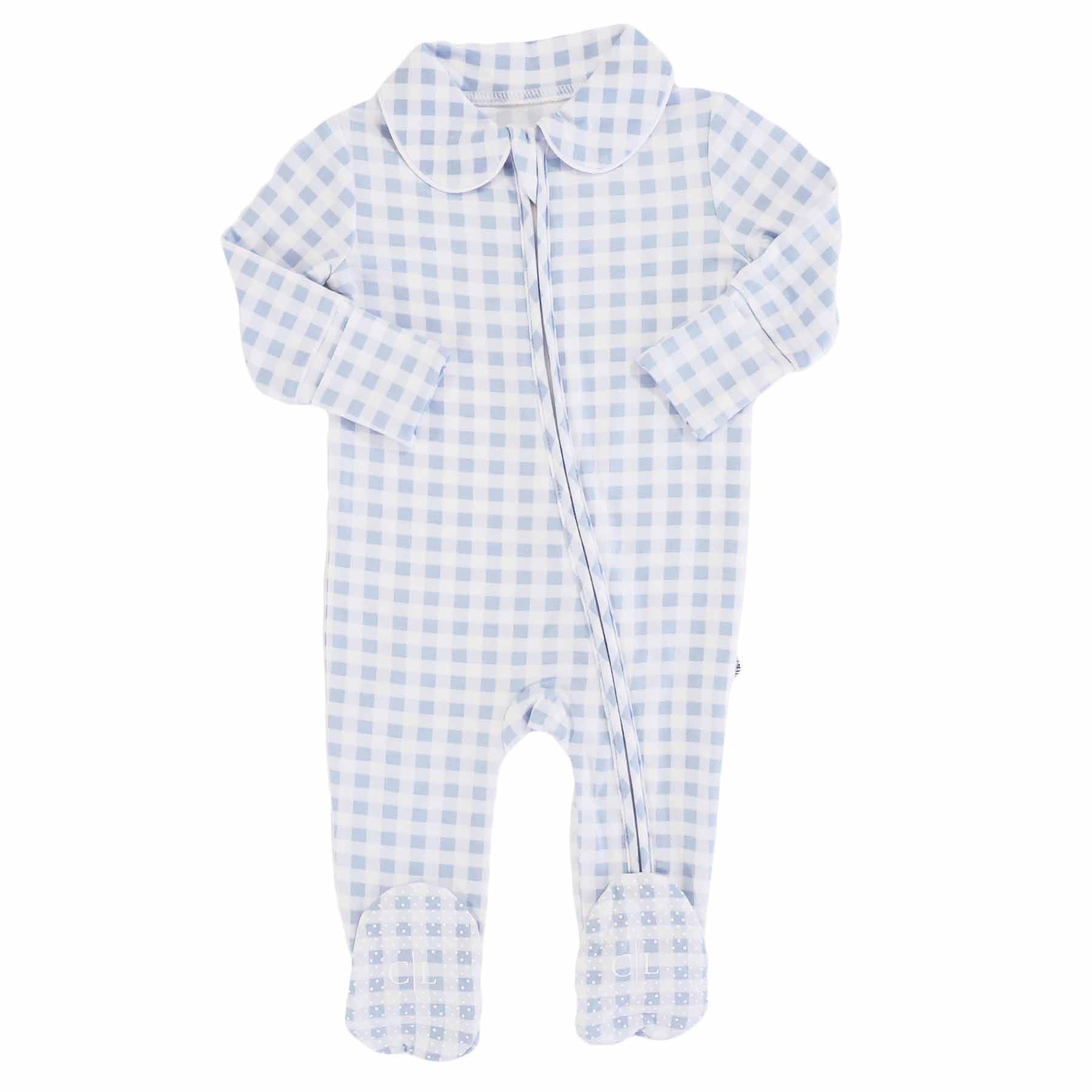 Peter Pan Collar Zipper Footie | Dusty Blue Gingham