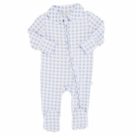 Peter Pan Collar Zipper Footie | Dusty Blue Gingham