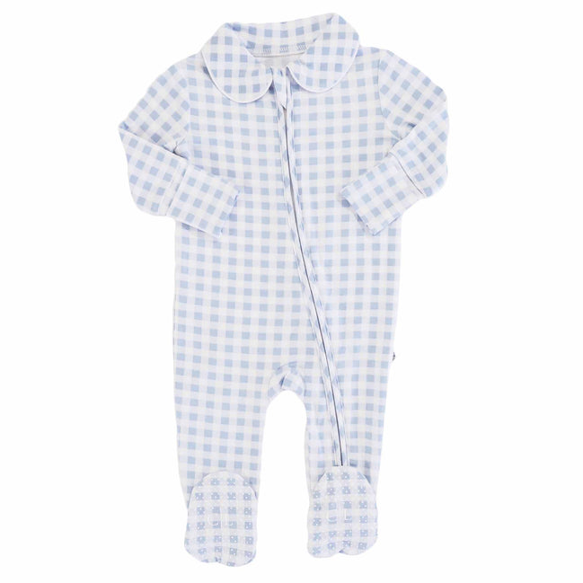 Peter Pan Collar Zipper Footie | Dusty Blue Gingham