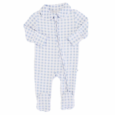 Peter Pan Collar Zipper Footie | Dusty Blue Gingham