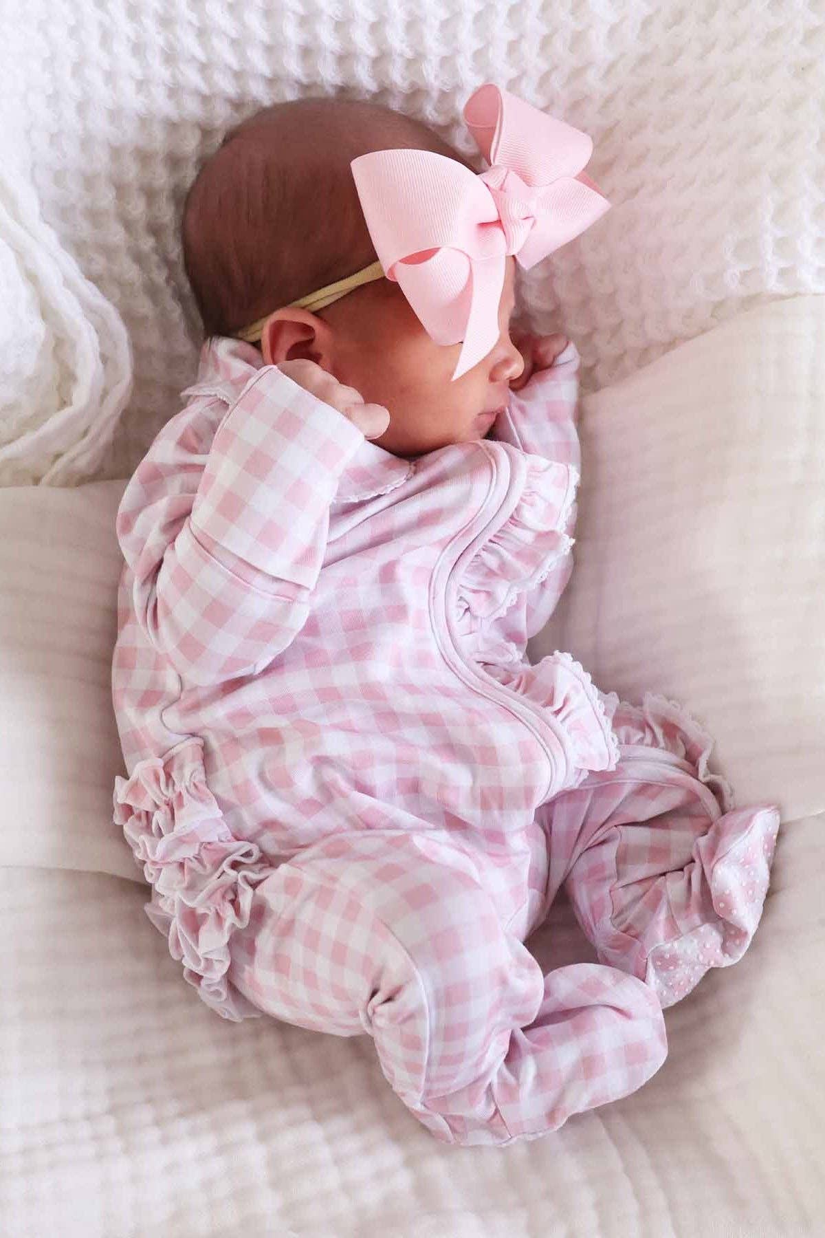 Peter Pan Collar Ruffle Zipper Footie | Rosy Gingham