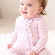 Peter Pan Collar Ruffle Zipper Footie | Rosy Gingham