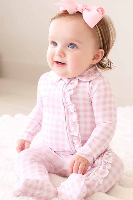 Peter Pan Collar Ruffle Zipper Footie | Rosy Gingham