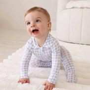 Peter Pan Collar Zipper Footie | Dusty Blue Gingham