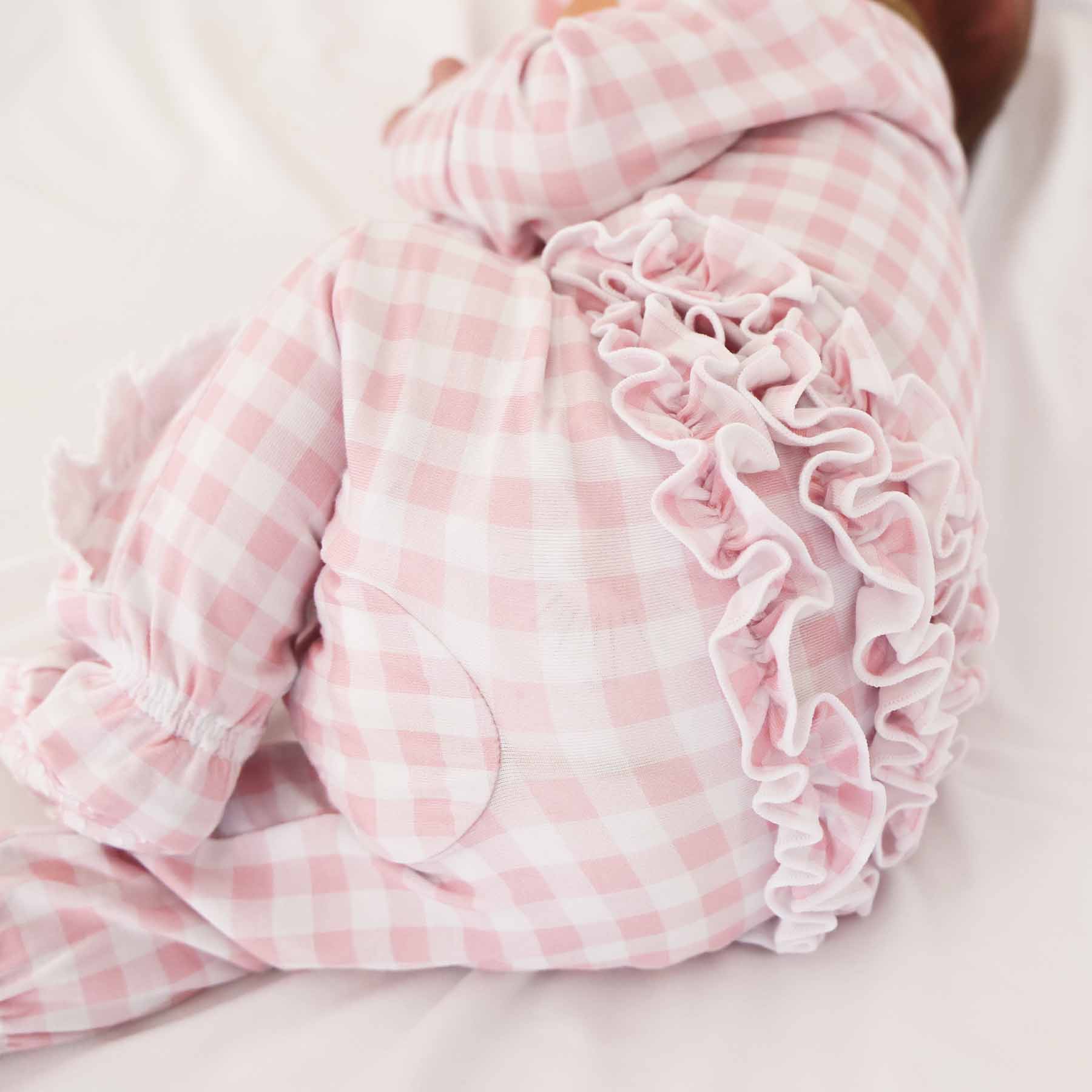 Peter Pan Collar Ruffle Zipper Footie | Rosy Gingham
