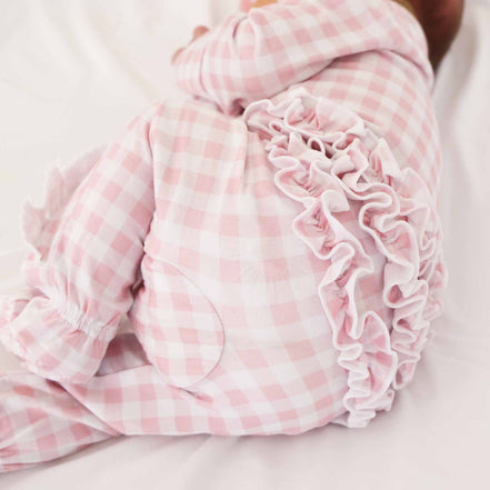 Peter Pan Collar Ruffle Zipper Footie | Rosy Gingham