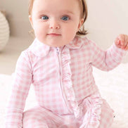 Peter Pan Collar Ruffle Zipper Footie | Rosy Gingham