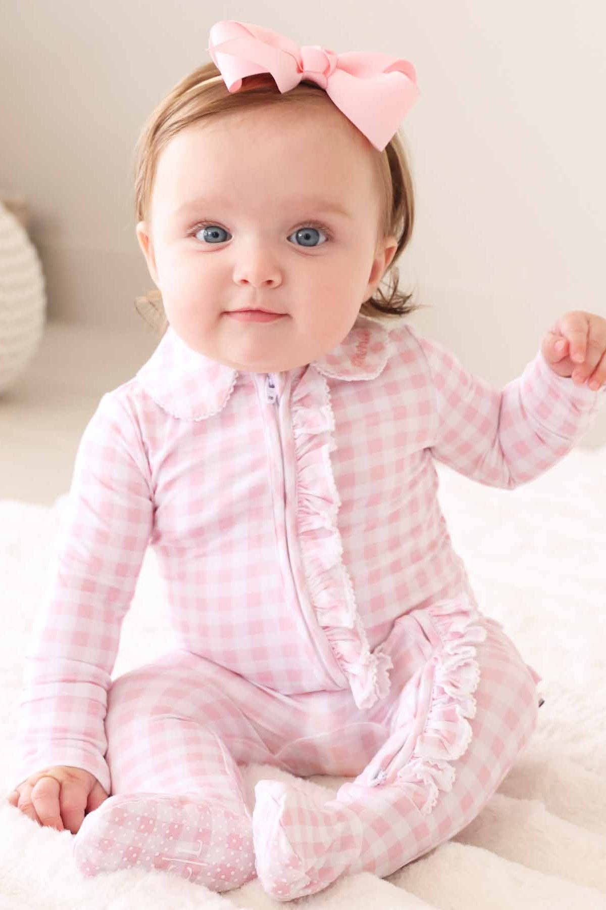 Peter Pan Collar Ruffle Zipper Footie | Rosy Gingham