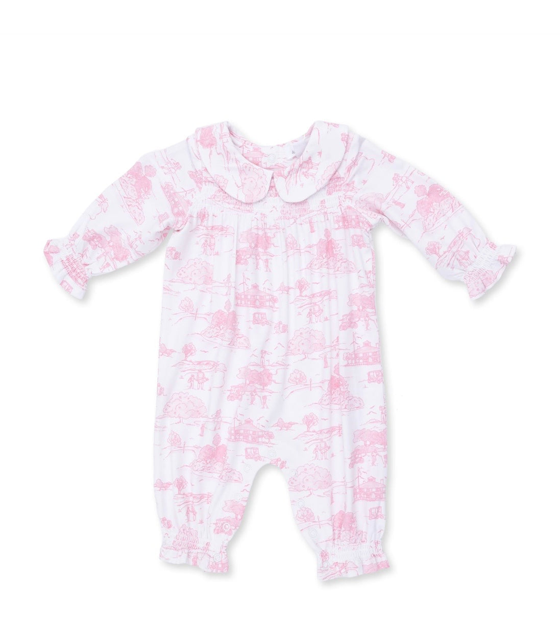 Golf Toile Pink - Smocked Long Sleeve Romper