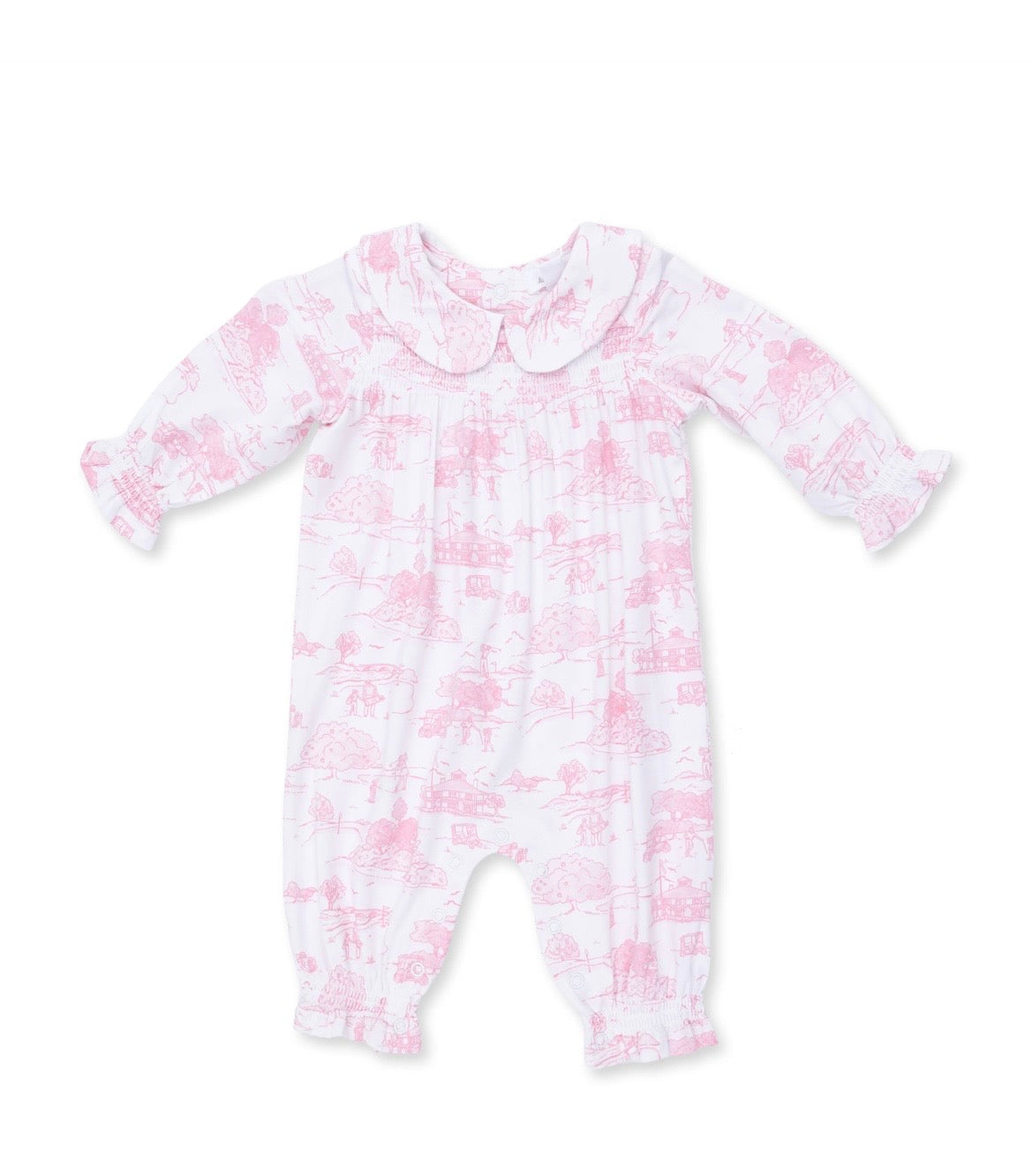 Golf Toile Pink - Smocked Long Sleeve Romper