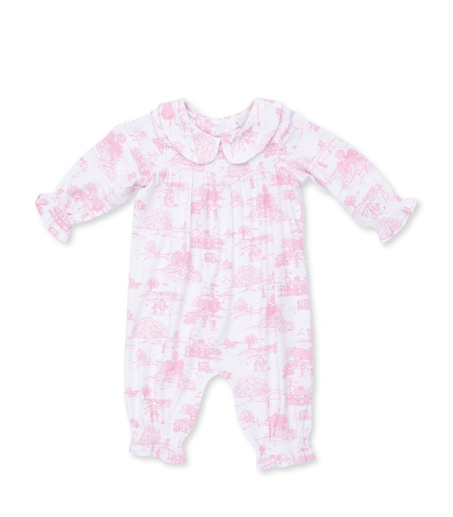 Golf Toile Pink - Smocked Long Sleeve Romper