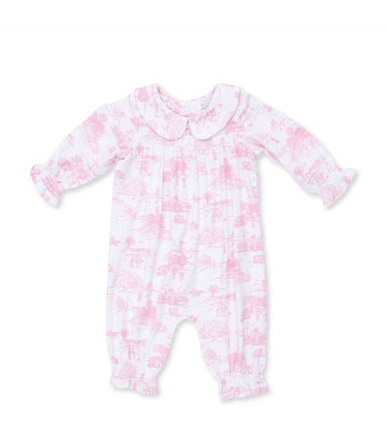 Golf Toile Pink - Smocked Long Sleeve Romper