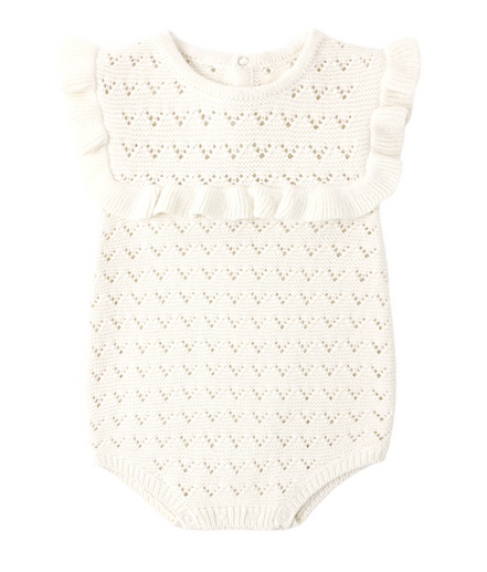 Pointelle Ruffle Romper Natural