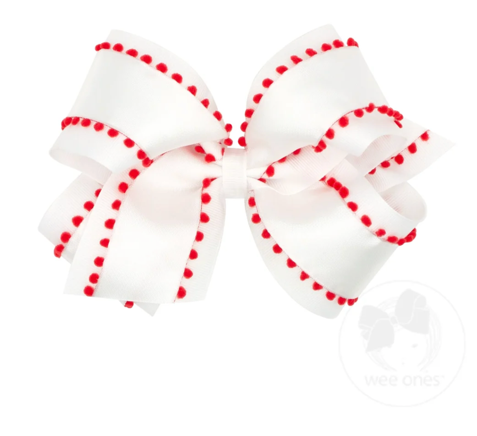King Holiday Style Pom-Pom Edge Grosgrain Overlay Bow - White/Red