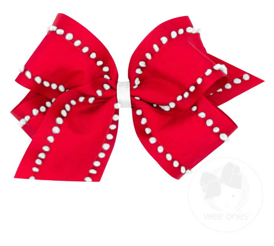 King Holiday Style Pom-Pom Edge Grosgrain Overlay Bow - Red/White