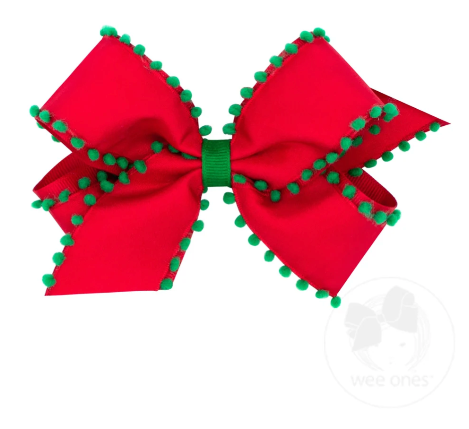 Medium Holiday Style Pom-Pom Edge Grosgrain Overlay Bow - Red/Green