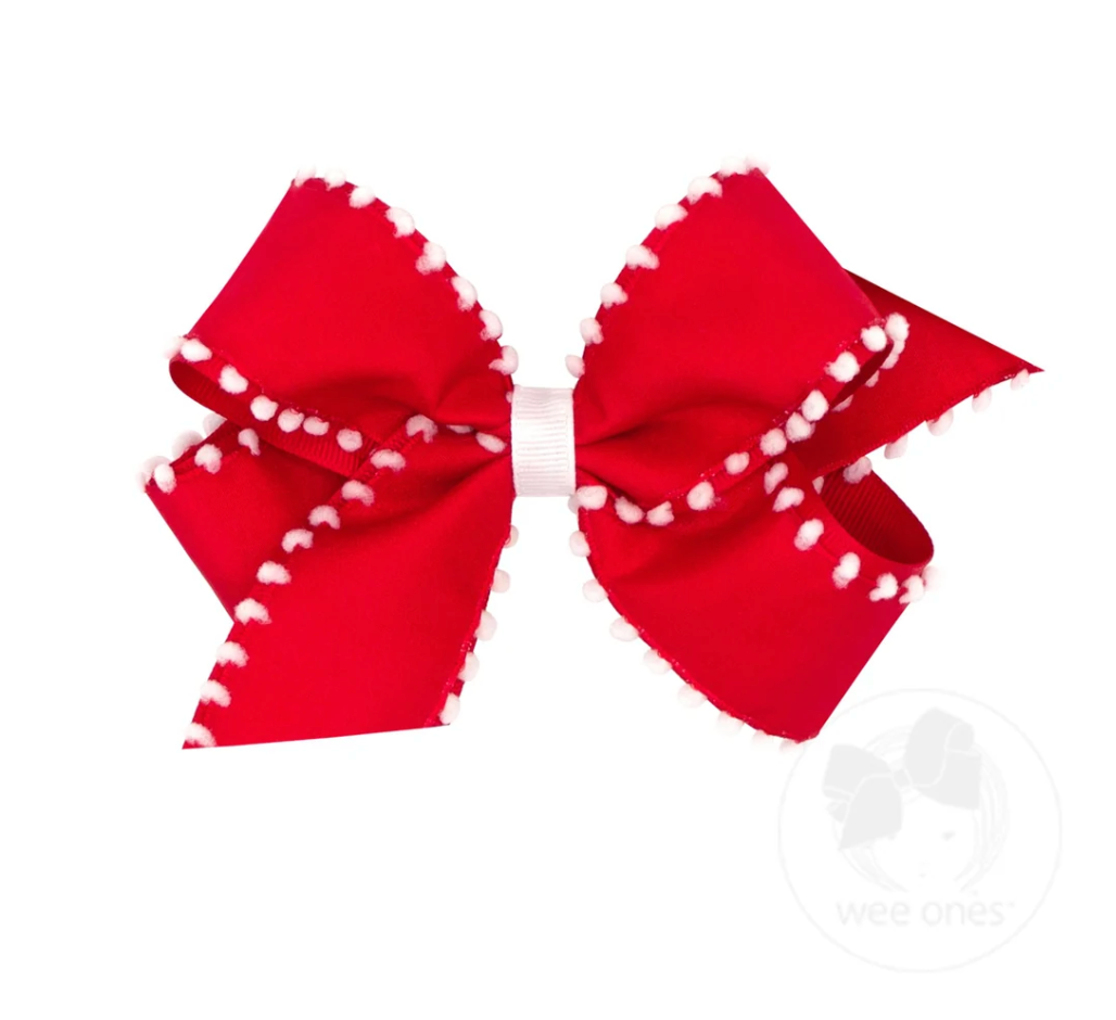 Medium Holiday Style Pom-Pom Edge Grosgrain Overlay Bow - Red/White