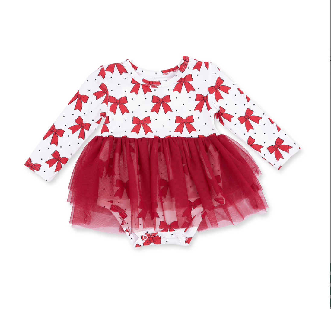 Festive Bows - Long Sleeve Tutu Bodysuit Dress