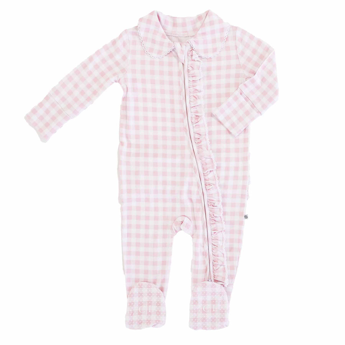 Peter Pan Collar Ruffle Zipper Footie | Rosy Gingham
