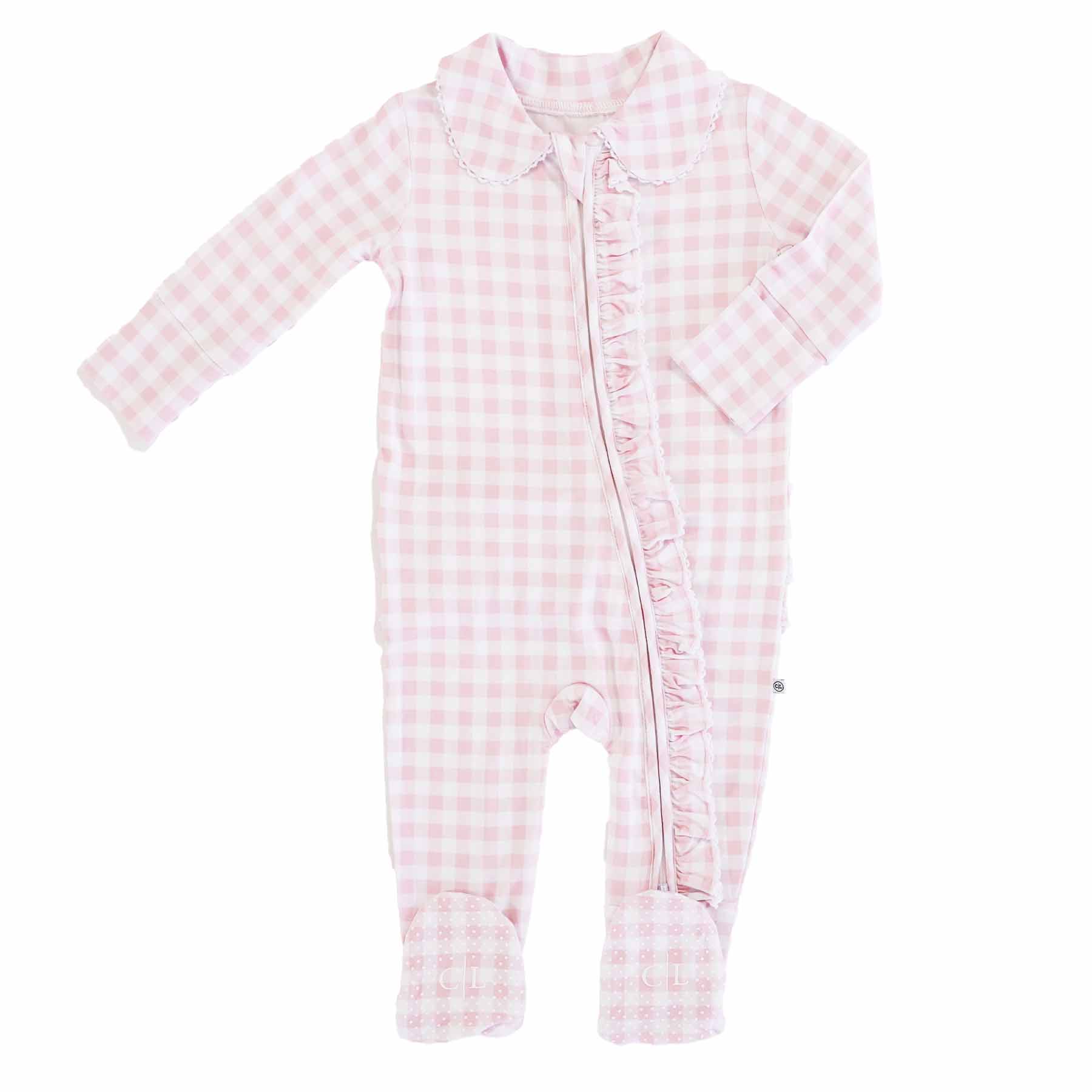 Peter Pan Collar Ruffle Zipper Footie | Rosy Gingham