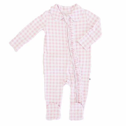 Peter Pan Collar Ruffle Zipper Footie | Rosy Gingham