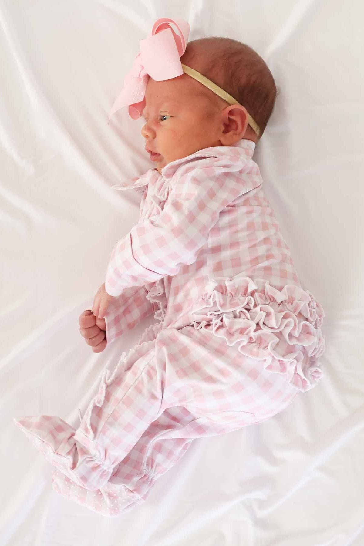 Peter Pan Collar Ruffle Zipper Footie | Rosy Gingham
