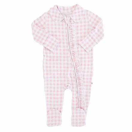Peter Pan Collar Ruffle Zipper Footie | Rosy Gingham
