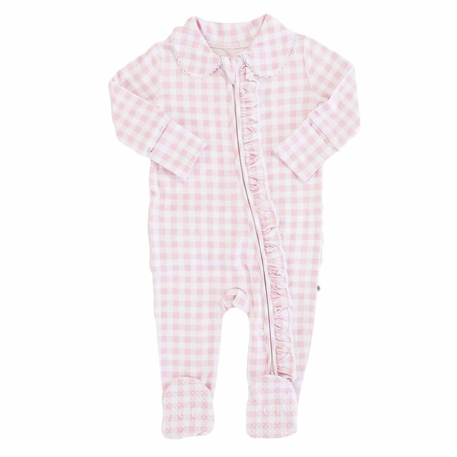 Peter Pan Collar Ruffle Zipper Footie | Rosy Gingham