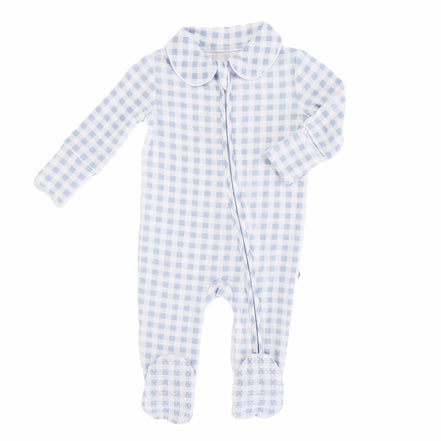 Peter Pan Collar Zipper Footie | Dusty Blue Gingham