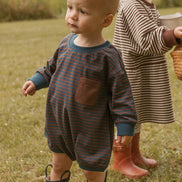 Harley Pocket Romper in Deep Blue Chocolate Stripe