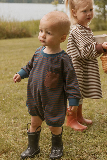 Harley Pocket Romper in Deep Blue Chocolate Stripe