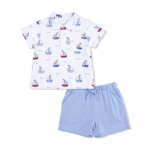 Bubbly Sailboats Blue - Polo with Casual Short